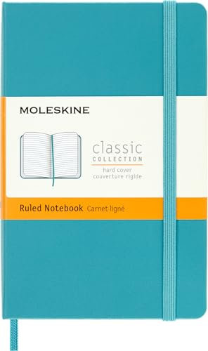 Moleskine Klassisches Notizbuch, Liniertes Notizbuch, Hardcover und Elastischer Verschluss, Pocket Format 9 x 14 cm, Farbe Türkisblaues Riff, 192 Seiten