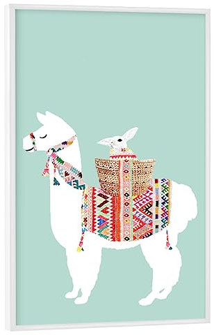 artboxONE Poster mit weißem Rahmen 30x20 cm Lama & Alpaka Für Kinder Lama mit Hase - Bild Mint Freundschaft Geschenk