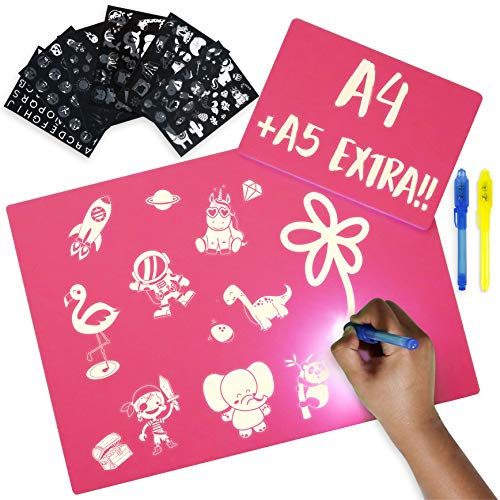 Maltafel Zaubertafel Rosa A4 und A5, 6 Schablonen, 2 UV Stift Spielzeug ab 3 Jahre - BONNYCO | Mädchen Geschenke 3 4 5 6 7 8 9 10 Jahre | Magic Drawing Pad, Kinder Spielzeug Geburtstag und Weihnachten