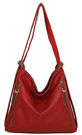 ITALYSHOP24.COM OBC Damen Tasche Rucksack 2 in 1 Umhängetasche Schultertasche Umhängetasche Daypack Leder Rucksacktasche Shopper Backpack Freizeitrucksack (Rot)