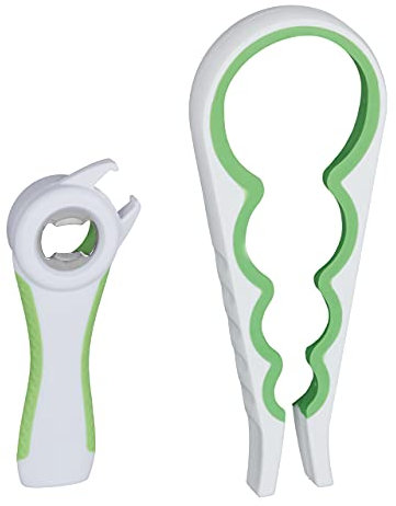 Relaxdays Deckelöffner Hilfe, 2er Set Multiflaschenöffner, Senioren, Universalöffner für Gläser & Flaschen, weiß-grün 10027894_252, 22 x 9 x 2.5 cm