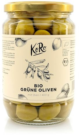 KoRo - Olive verdi bio con nocciolo 400 g - Senza conservanti - Gusto intenso e piccante - Barattolo grande ad un prezzo speciale
