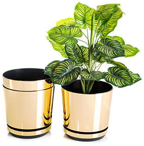 KORAD Ensemble de 3 Pots avec Soucoupe d'un diamètre de 26 cm, Motif 011 - Or Brillant ; Glamour ; Moderne, Haute Brillance, Style Classique, Rustique, loft, pour Plantes, Herbes.