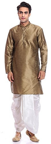Mag Men Indian Ethnique Brun Soie Kurta en Dhoti pour Fête/Mariage, Cuivre Or Kurta Blanc Dhoti, 44