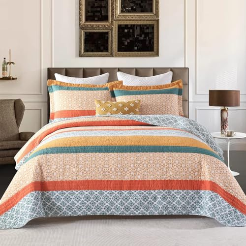 SahSahCasa Quilt Queen Size, Queen Quilt Set, 100% Cotton Queen Quilt Bedding Set Bedspreads Boho, Bohemian Reversible Lightweight Floral Patchwork Bed Spread for Queen Bed, Green/Orange, 3Pcs
