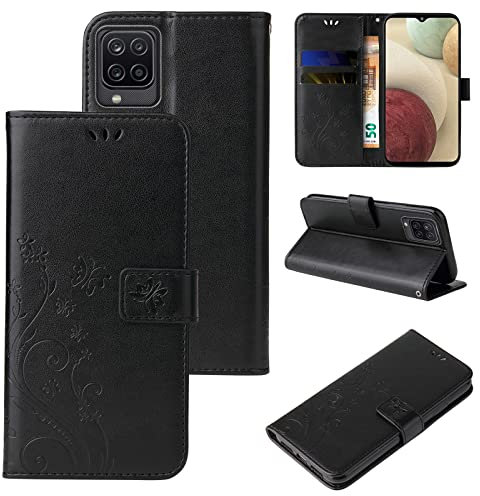 LBH Handy Hülle für Samsung Galaxy A12 Case Handytasche Schmetterling Blumen Flower Standfunktion Schutzhülle Magnet Rundum Schutz 360 Grad Flipcase Cover Schwarz