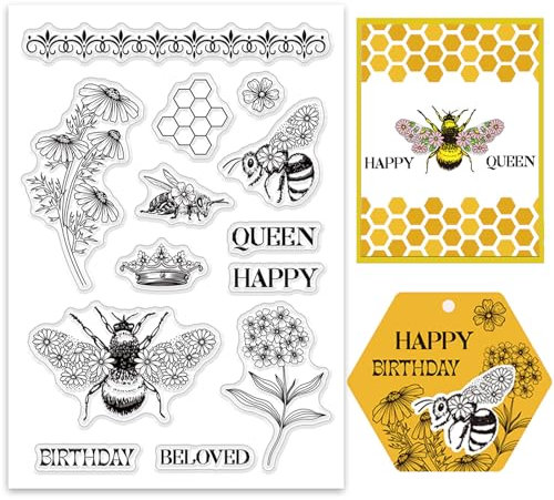 ORIGACH Biene Blumen Klarer Stempel für die Kartenherstellung Happy Birthday Biene Transparent Silicone Stempel für DIY Scrapbooking, Journaling, Fotoalbum und Bastelbedarf