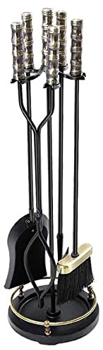 Antike Kaminbesteck-Sets, schwarzer Gusseisen-Kaminbegleiter for den Innen- und Außenbereich, eigenständiges 5-teiliges Feuerstellenzubehör, Zange/Schürhaken/Aschenschaufel/Besen