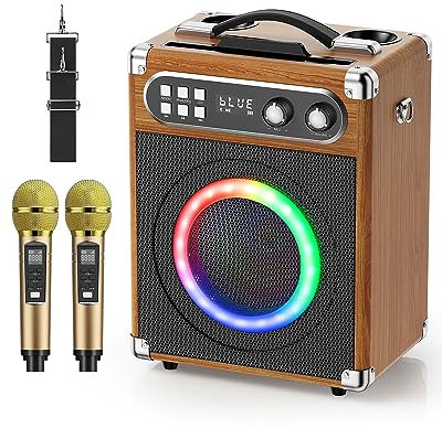 GJCrafts Karaoke, Tutto-in-Uno Karaoke Professionale Completo con Cassa Bluetooth da 20W, 2 Microfoni Karaoke Wireless e Slot per Microfono Ricaricabile, Cassa Portatile per Gita Feste (Wood)
