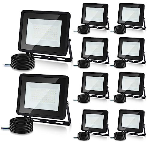 Lospitch Strahler, 100W LED Scheinwerfer Superhell 8500LM 3000K Warmweiß Außenleuchte, Flutlicht IP66 Wasserdicht Außenstrahler für Garten, Auffahrt (Kein Stecker)