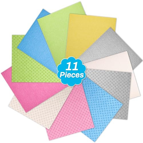 Lucomb Paquete de 11 paños suecos para cocina, altamente absorbentes, reutilizables, esponja de celulosa, trapos de cocina para secar platos, limpiar superficies, aptos para lavavajillas