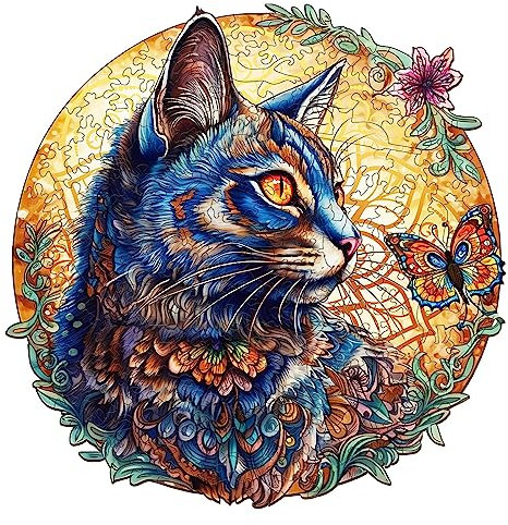 Blumuze Holzpuzzle Erwachsene, Katze und Schmetterling Holzpuzzle Einzigartige Tierform Puzzleteile, Puzzle aus Tierteilen, Puzzle Holz Erwachsene mit Geschenkbox aus Holz 100 Stück(S-9.8 * 9.8in)