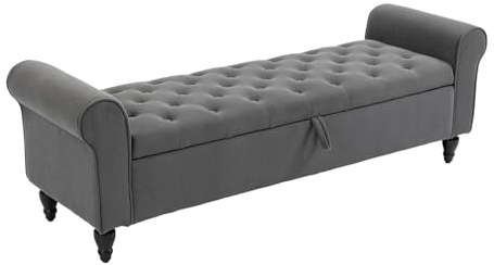 J.C.UP Storage Ottoman Bench, 160cm Upholstered Tufted End of Bed Storage Bench, Rolled Arm Cushioned Ottoman with Wood Legs, Large Storage Space Benches Seat for Living Room, Entryway, Bedroom