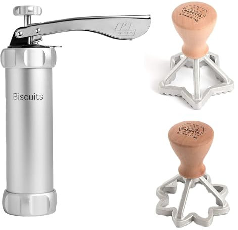 Plätzchen Zubereitungsset, Backzubehör, Plätzchenspritze + 20 Aufsätze + 1 Sternform + 1 Blumenform, Qualitätsmaterialien, Made in Italy