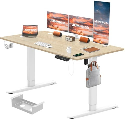 JUMMICO Electric Standing Desk 160x80 cm with Charging Port, Height Adjustable Computer Desk with Cable Tray,Ergonomic Sit Stand up Desk Rising Table Home Office Furniture, Beige