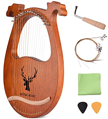 Lyre harpe à 16 cordes en bois massif avec motif élan, marteau d'accordage, cordes, chiffon de nettoyage pour débutants