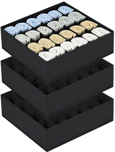 3 Stück Socken Organizer, 24 Zellen Aufbewahrungsboxen, 32×31×10cm Socken Organizer Kleiderschrank Schwarz Kleiderschrank Organizer für Socken Krawatten Gürtel