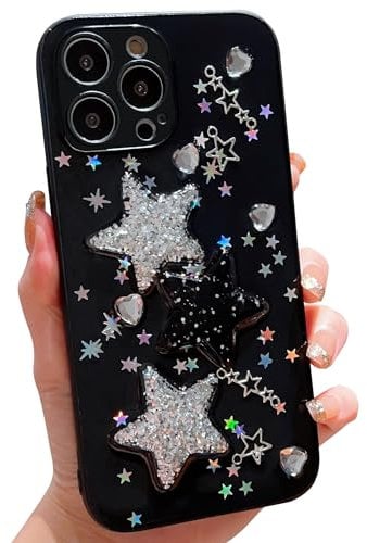 HZLFCZL Compatible with iPhone 13 Pro Case,cute kawaii cartoon glitter 3D star crystal heart pattern design lens protection sparkly phone case for iPhone 13 Pro for women girl-Black