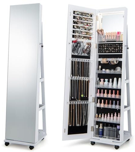 Multigot LED Jewellery Cabinet, Free Standing Mobile Jewelry Armoire with Full-Length Mirror, Built-In Small Mirror and Universal Wheels, Lockable Makeup Storage Organizer for Bedroom (White)