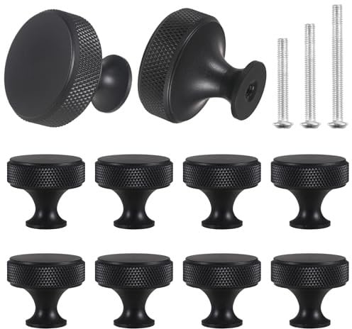 sdhiiolp 10 Pcs Cabinet Knobs Matte Black Metal Round Knurled Wardrobe Knobs Door Kitchen Hardware Cupboard Knobs with Screws Handles for Drawer Dresser, Cupboard and Wardrobe