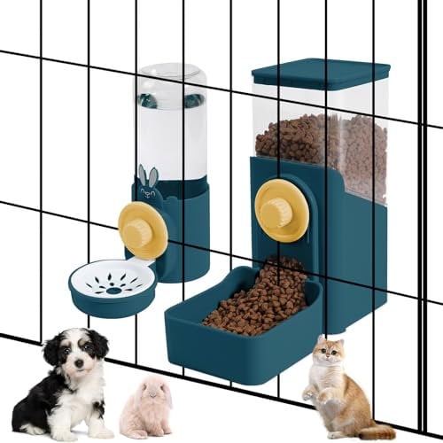 Hanging Automatic Pet Food and Water Dispenser, Auto Gravity Rabbit Ferret Bunny Hedgehog Feeder Water Dispenser Sets, Cat Dog Food and Water Dispenser Food Bowl for Cage Hanging (Dark Blue)
