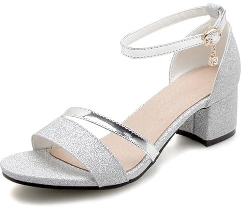 OALEEN Sandales Femme Eté Petit Talon Carré Bride Cheville Nu-pieds Paillettes Chaussures Ouverte Soirée Mariage Argentée 39