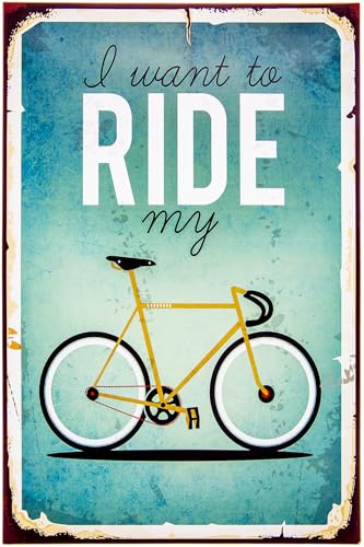 Großes 40 x 30 cm retro Poster mit MDF Holz verstärkt zur einfachen Befestigung vintage Deko Wand und Türschild passend für Fahrrad (Fahrrad)