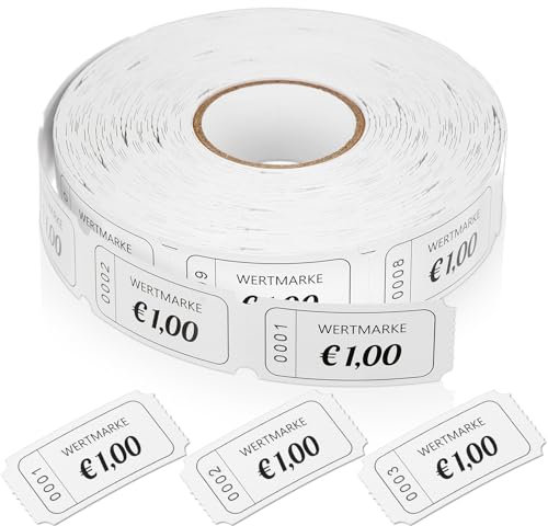 Nezyo Wertmarken Rolle 1000 Blatt Perforierte Wertmarken Fortlaufende Nummer Essensmarken Rolle Getränke Marken Rolle Abrisskarten für Geschäfte Bar Hochzeit Party Weihnachten(Weiß,1 Euro)