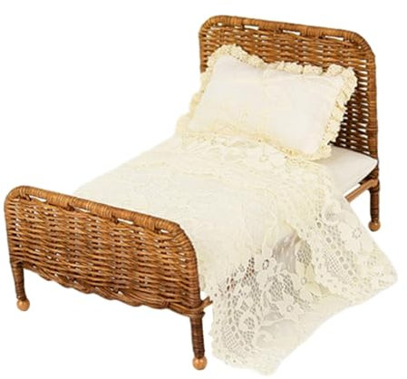 Milageto Puppenhaus Rattenbett gewebt Maßstab 1/6 Puppenhausmöbel Mini Bett Modell für Diorama Puppenhaus Fotografie Requisiten, Dunkelbraun C