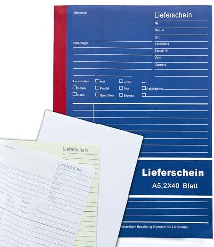 Lieferscheinbuch A5 2x40 Blatt Selbstdurchschreibend Lieferscheinformular mit Schreibeinlage (5 Bücher)
