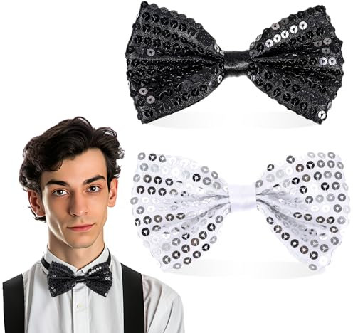 GEEHUA 2 Stück 12 cm Glitzer Fliege Herren, Fliege Glitzer Fliege Herren Hochzeits Pailletten Fliege Pailletten Fliegen für Männer Glitzer Showman Kostüm Karneval Mottoparty(Schwarz+Silber)