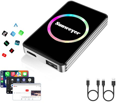 Sunweyer Adattatore Wireless CarPlay per Auto, Dispositivo di Streaming Ai Box, Supporto Netflix, YouTube, Hulu, Disney+, Adattatore Wireless Android Auto con LED, Facile da Impostare, Doppio WiFi