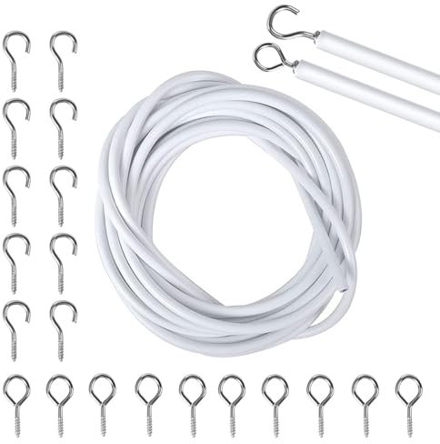 LINGJIA 5M Crochet Rideau, Rideau Caravane, Cordon de Rideau Blanc, Kits de Cordon de Rideau, Tringle à Rideau de Douche avec 10 Crochets 10 Oeillets, Utilisation Intérieure et Extérieure