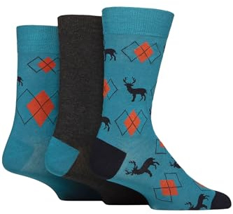 GLENMUIR Herrensocken mit Geschenkanhänger, weicher, atmungsaktiver Bambus, gemustert, Strumpffüller, 3 Paar, Multipack, Größe 40-45, Blaugrün Hirsch/Argyle, 7-11