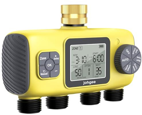 Johgee Programador Riego 4 Salidas con entrada de latón, 4 programas de riego de zonas Temporizador de riego de jardín, temporizador de riego automático Modo retardado por lluvia/manual/automático