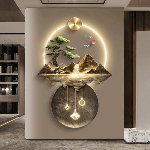 LPAGOLMIX 3D Wandmalerei Wand hängende Skulptur, 3D-Wandgemälde mit Licht, Wandskulptur aus Metall, luxuriöse Wanddekoration mit Bergwasserbaum, Landschaftsgemälde for Aufhängen(B,70L x 50