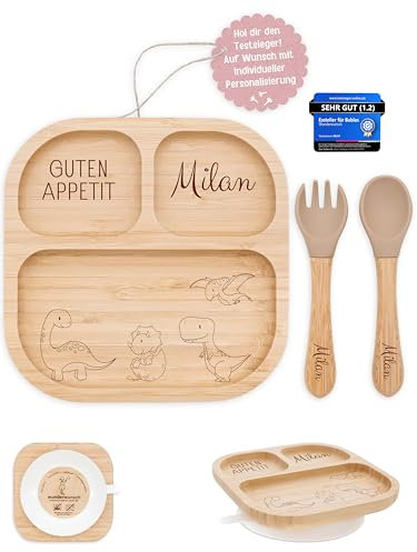 wunderwunsch - Personalisierter Baby Teller mit Saugnapf - Praktisches Kleinkind Zubehör mit Namen - Kinder Teller Rutschfest - Personalisierte Geschenke Geburt (Dinos unten)