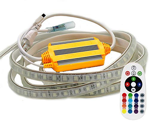 FOLGEMIR 12m RGB LED Strip, 220V dimmbar Streifen, 5050 Farbwechsel Lichtleiste, 60 LEDs/m Led Band, wasserdichte Lichtschlauch mit Trafo & 24-Tasten IR Fernbedienung