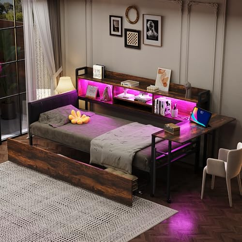 Eisen Sofabett 90 x 200 cm, Einzelbett mit LED-Beleuchtung und Stauraum, mit Schubladen und multifunktionaler Steckdose, ausklappbarem Schreibtisch, weicher Rückenlehne,Ohne Matratze (Holzfarbe)