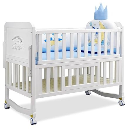 Leilaohu Baby Deluxe Seitenbett Krippe Weißer Bassautohöhe Verstellbare Räder Matratze Kinderbett Umgestaltetes Baby Holzbett Mit 3 Einstellbaren Höhen White,l