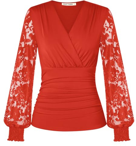 GRACE KARIN Women’s Long Sleeve Tops Lace Ruched Wrap Blouses Shirts | Dressy Casual Top with Long Lace Sleeves, Ruched Surplice V-Neck Blouse, Stretchy Hip Length Shirt, Elegant Tops for Women UK