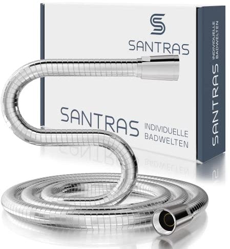 SANTRAS® Duschschlauch PREMIUM Chrom 0,50 m MADE IN GERMANY mit Wassersparer – Besonders flexibel und verdrehsicher mit DURCHFLUSSBEGRENZER – Brauseschlauch in Edelstahloptik aus Easy Clean Material