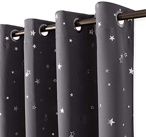 PONY DANCE Star Foil Printed Kids Curtains, Grey, 52x54 Inch | Eyelet Blackout Boys Curtains for Nursery & Bedroom, Thermal Insulated & Noise Reducing, Privacy Protected, 2 Panels