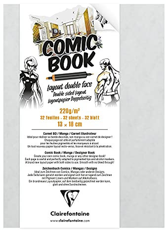 Clairefontaine 975196C Zeichenbuch mit doppelseitigem Layoutpapier, 220g, 13 x 18cm, ideal für Comics & Manga, 1 Stück