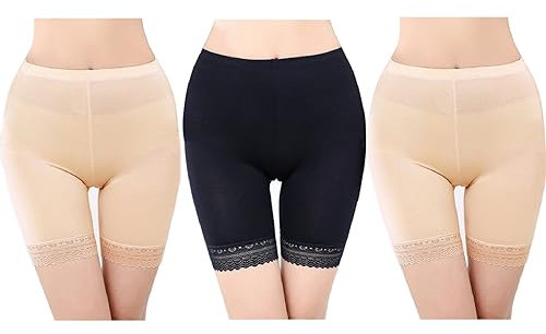 FEPITO 3 Pairs Frauen Unter Rock Shorts Sicherheitshosen Weiche Stretch Lace Trim Leggings Kurze Yogahosen Plus