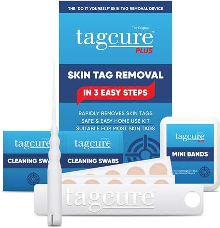 Tagcure Skin Tag Removal Kit for Easy Skin Tag Removal - Includes x10 Tag Bands x10 Cleaning Swabs & x10 Plasters to Cover Tag Area (Suitable for Skintags 0.5cm or Less)