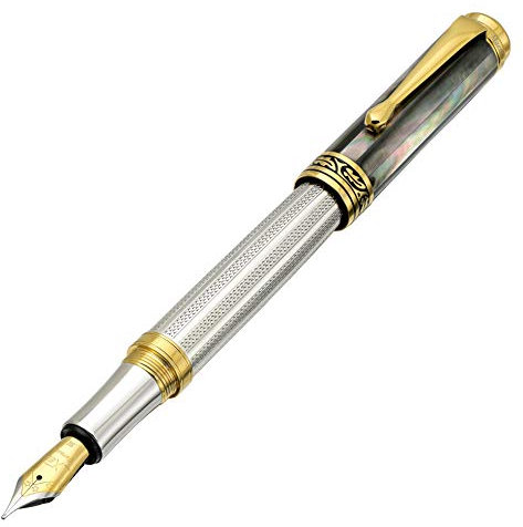 Xezo Maestro Fountain Pen, Medium Nib. 925 Sterling Silver with Tahitian Black Mother of Pearl and 18 Karat Gold Plating. Handcrafted, Limited Edition, Serialized