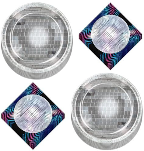 70s Disco Party Supplies - Silver Disco Ball Paper Dinner Plates with Retro Disco Ball Napkins (Serves 16)