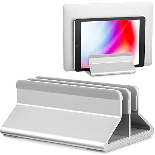 Mata1 Support Vertical pour Ordinateur Portable (Aluminium argenté), réglable avec Anneaux de Verrouillage, Station d'accueil antidérapante Compatible avec Tous Les appareils de 18 à 44 cm