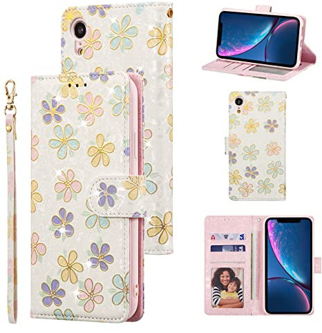 UEEBAI Wallet Case for iPhone XR, PU Leather Phone Case Kickstand RFID Blocking Flip Case with Card Slots Wrist Strap Relief Engraved Pattern Magnetic Closure Folio Case - White Daisy